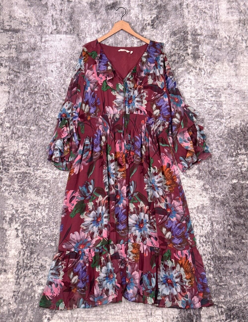 Soft Surroundings Dress 2X Womens Fiore Red Floral Smocked Waist Chiffon Maxi